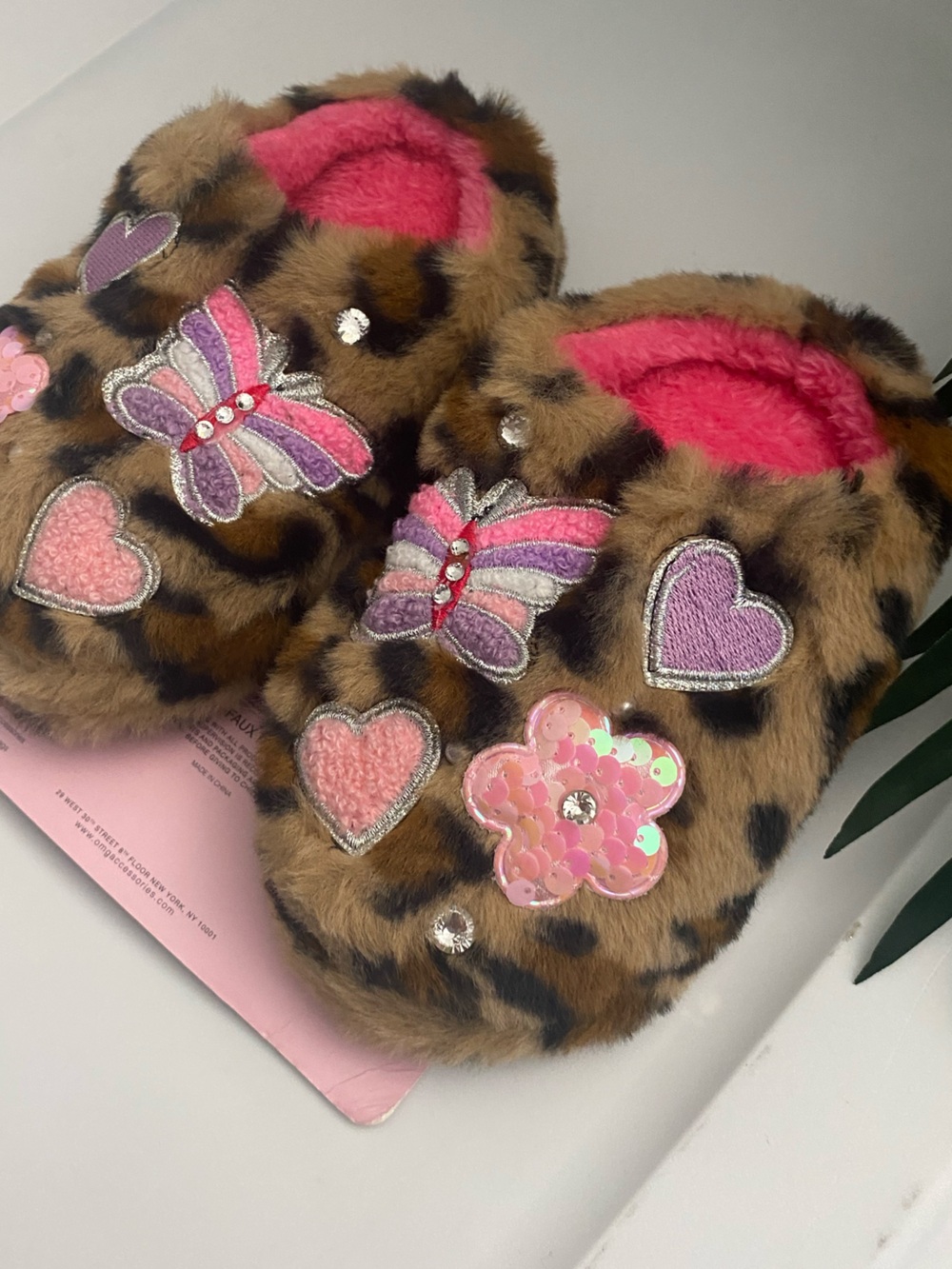 Leopard Print Kids Slippers with Pink Hearts & Butterflies